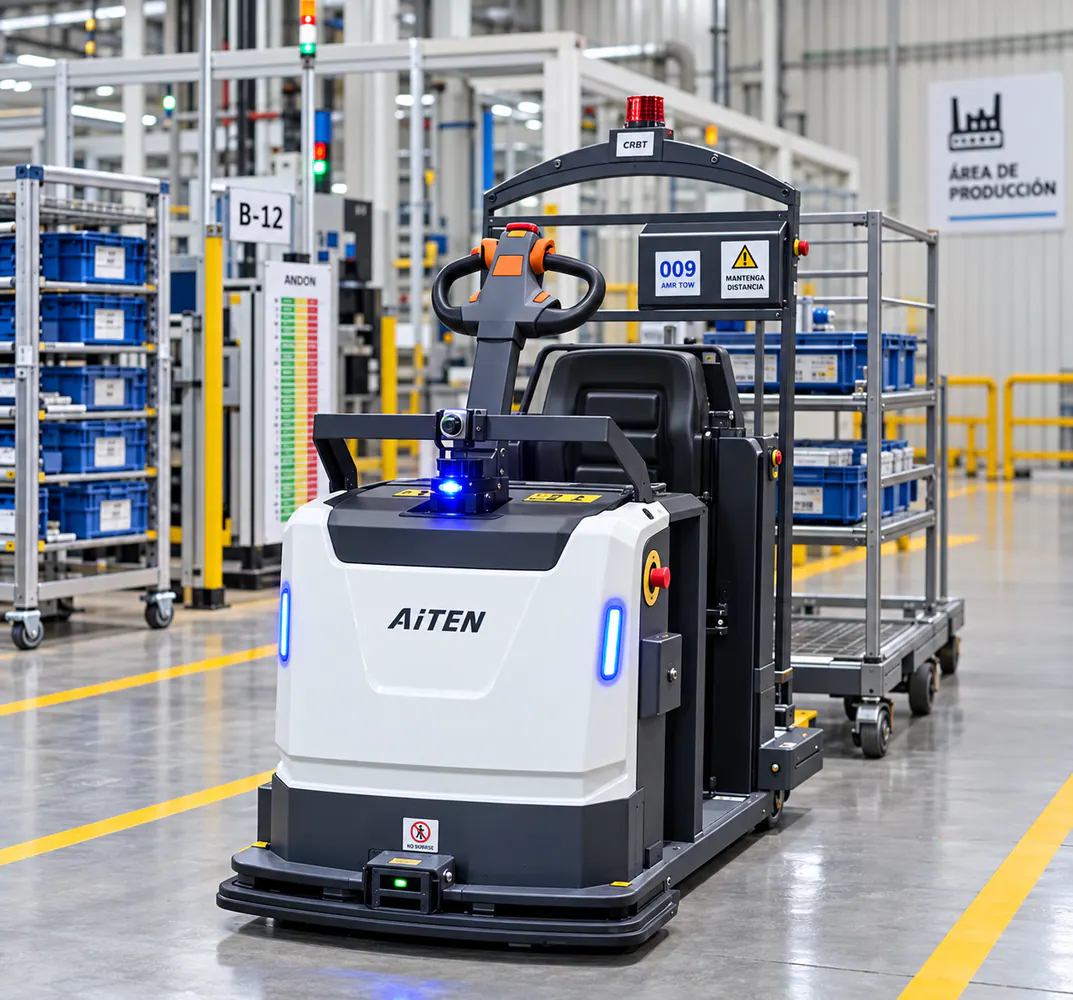 Remolcador autónomo transportando carros con componentes entre líneas de ensamble