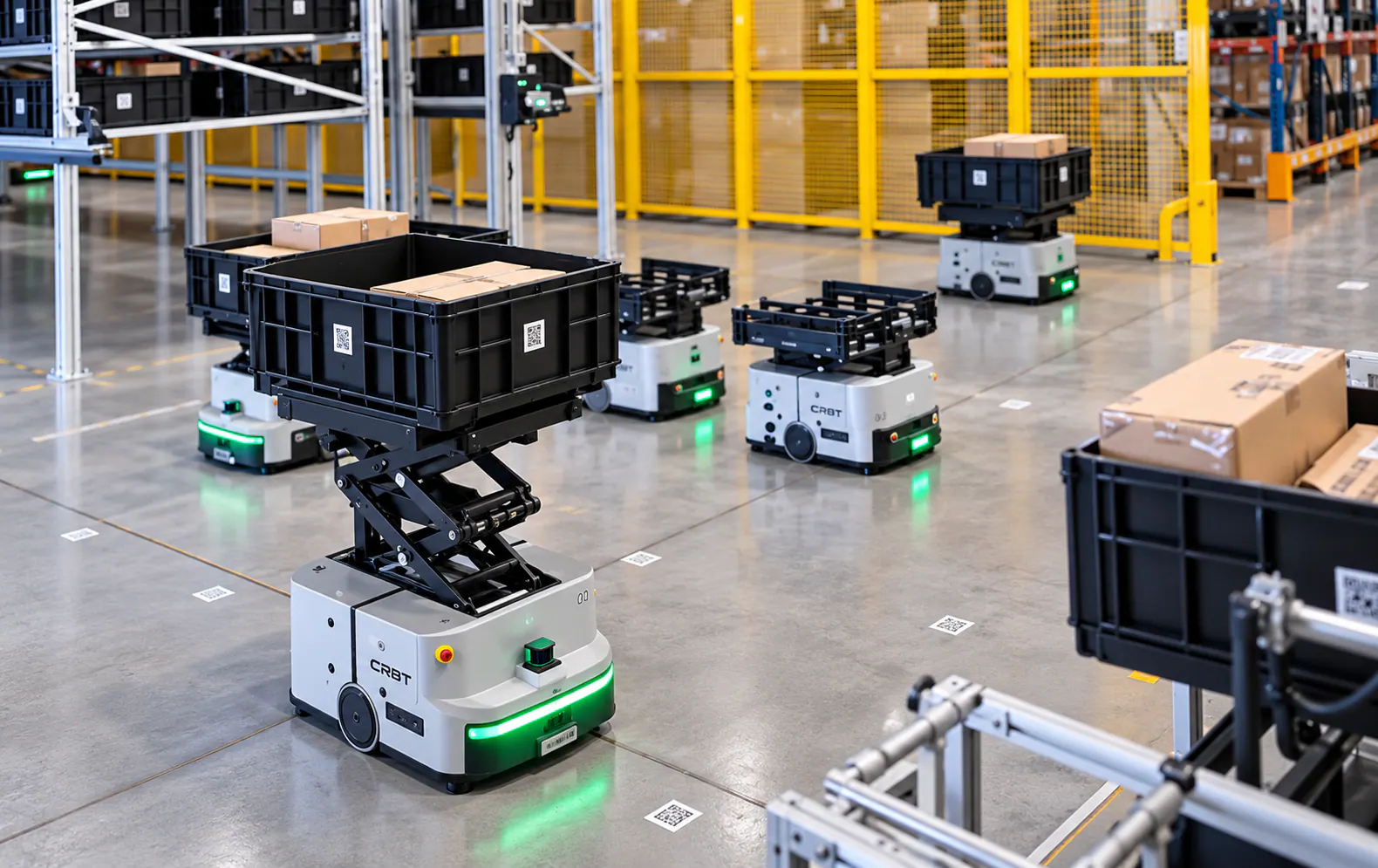 Sistema de almacenamiento de alta densidad atendido por STU y robots móviles